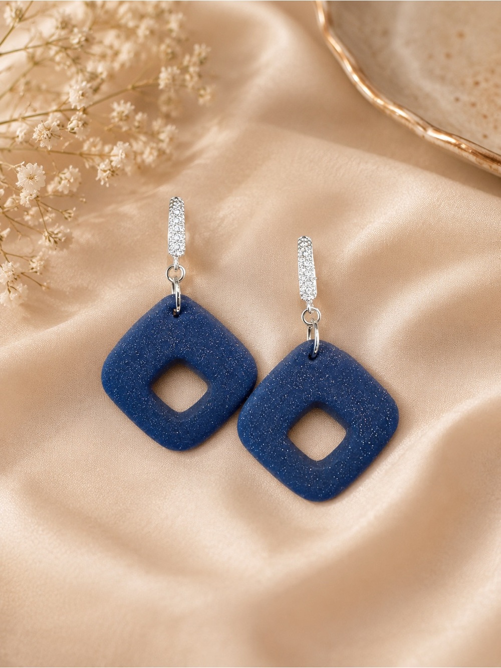 Blue Square Drop Handmade Polymer Clay Earrings - Women Jewelry